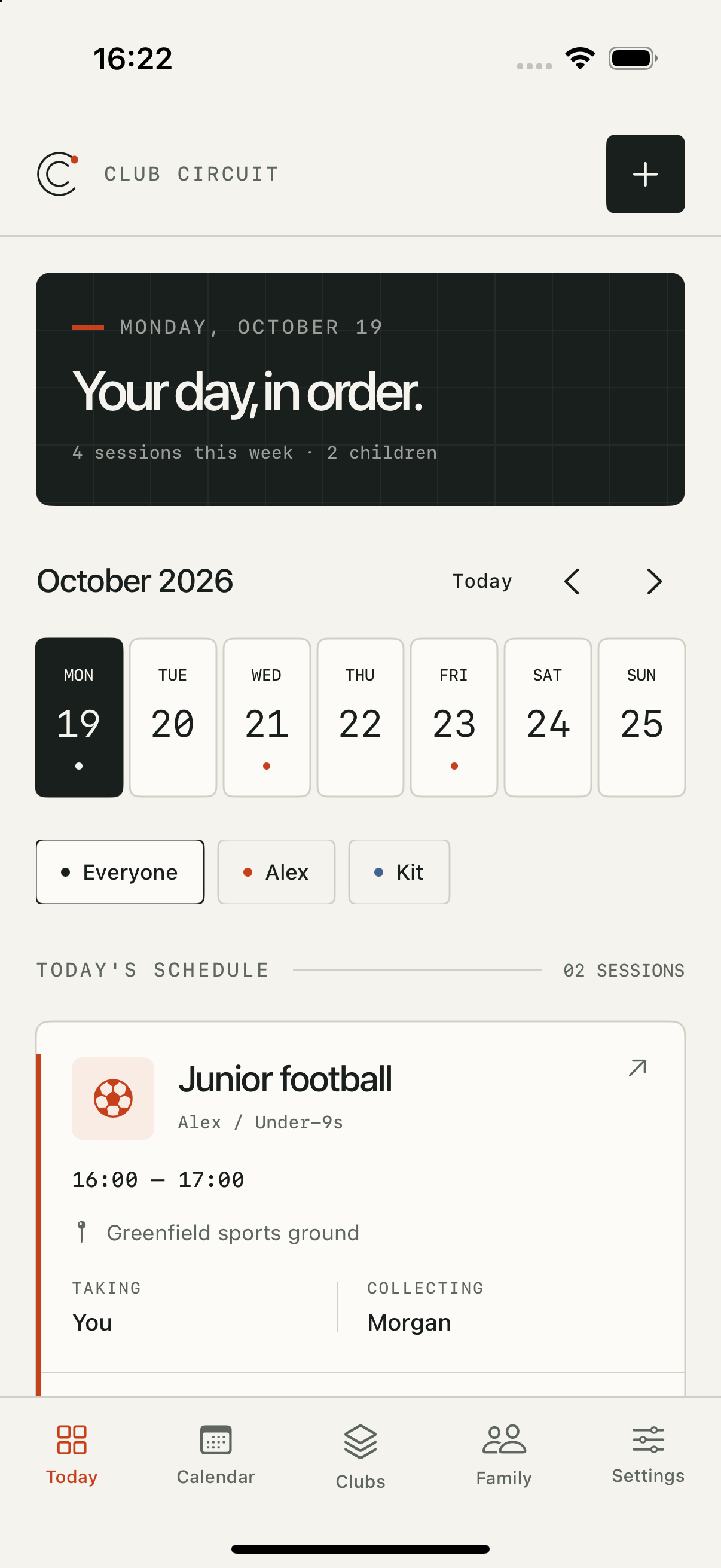 Club Circuit on iPhone showing the weekly calendar, child filters and Junior football, with taking and collecting assigned separately
