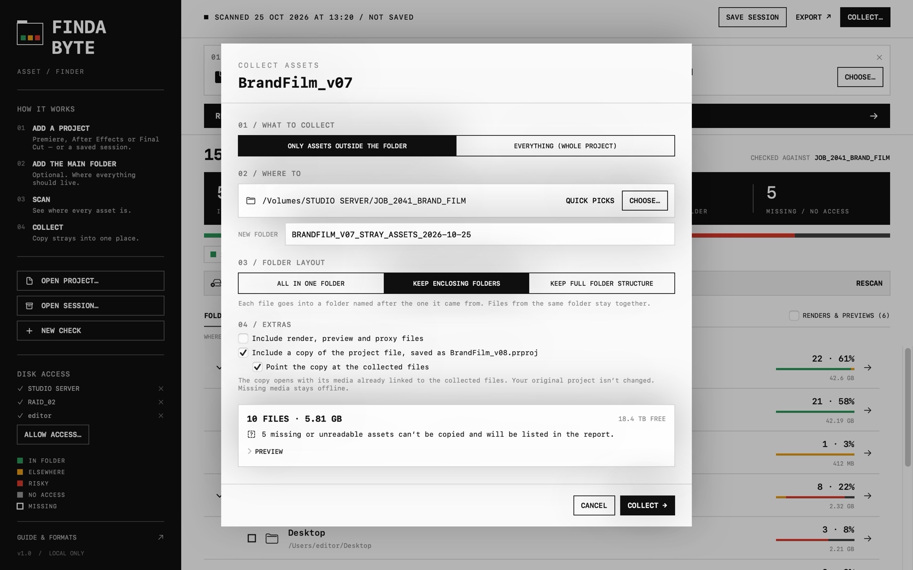 Collect dialog copying stray assets into the main folder, with a relinked Premiere Pro copy.