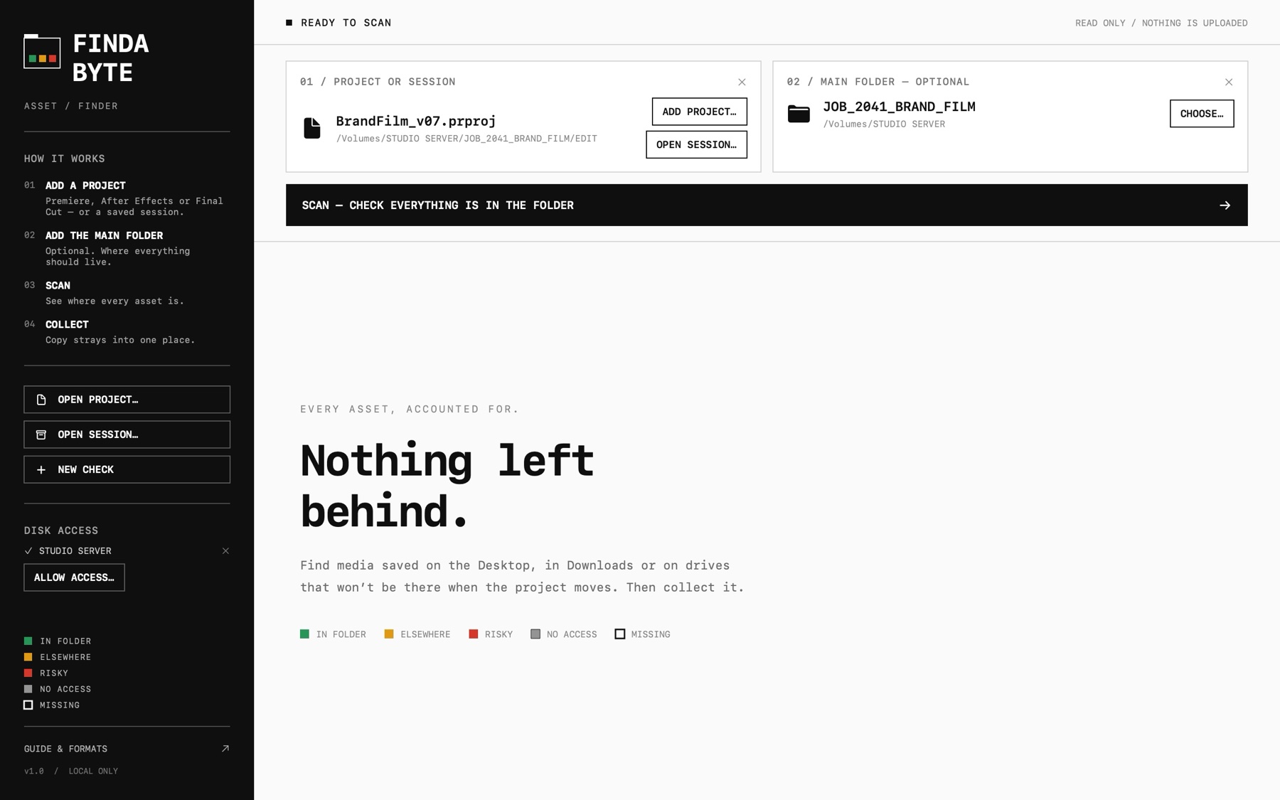 Start screen with a project and main folder added, ready to scan.