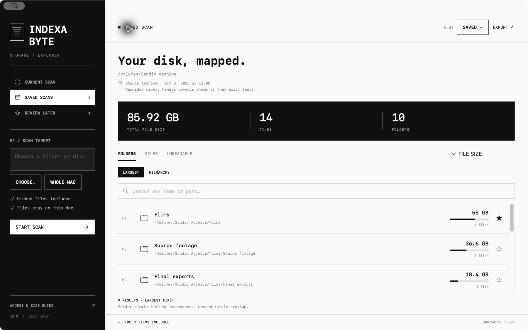 Indexabyte showing a saved scan of a disk with its largest folders ranked by size