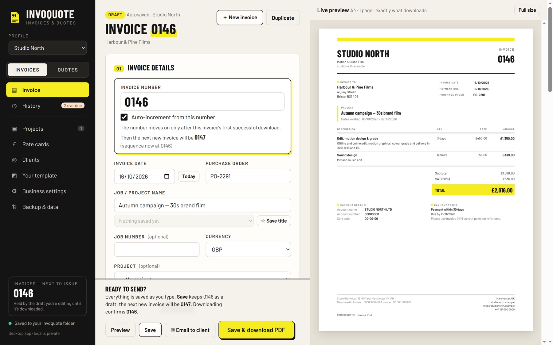 Invoquote invoice editor with the live A4 invoice preview beside it