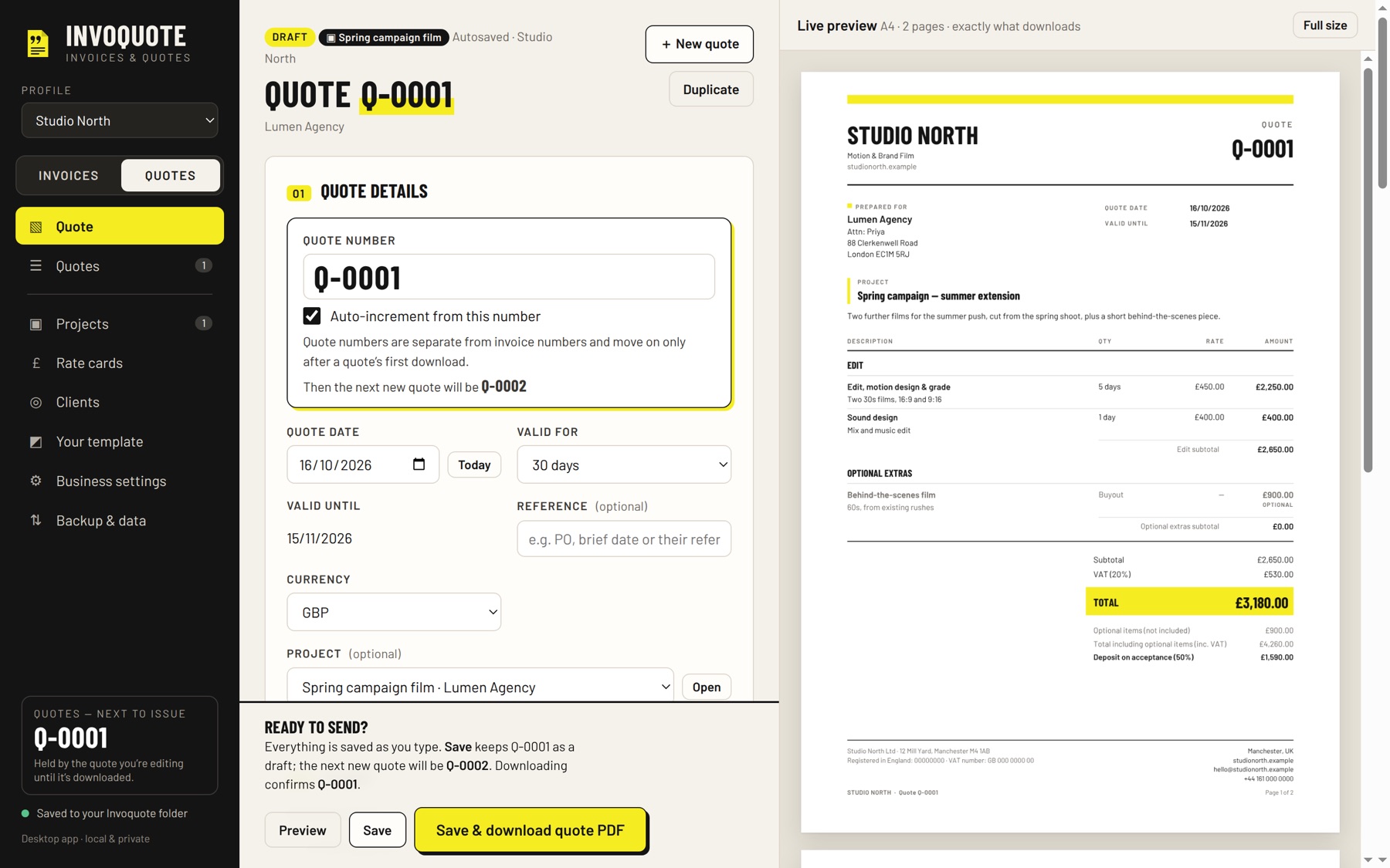 A quote with sections, an optional extra and a 50% deposit