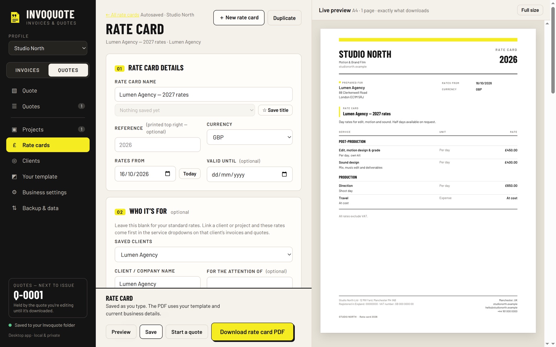 A client rate card with its PDF preview
