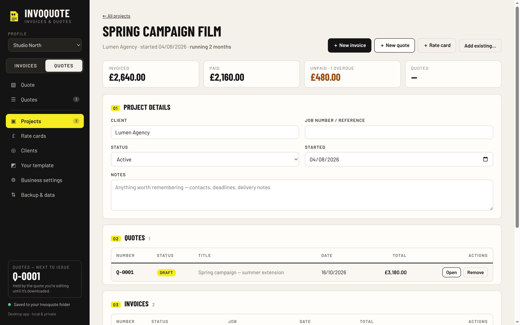 A project showing its quote and invoices with invoiced, paid and unpaid totals