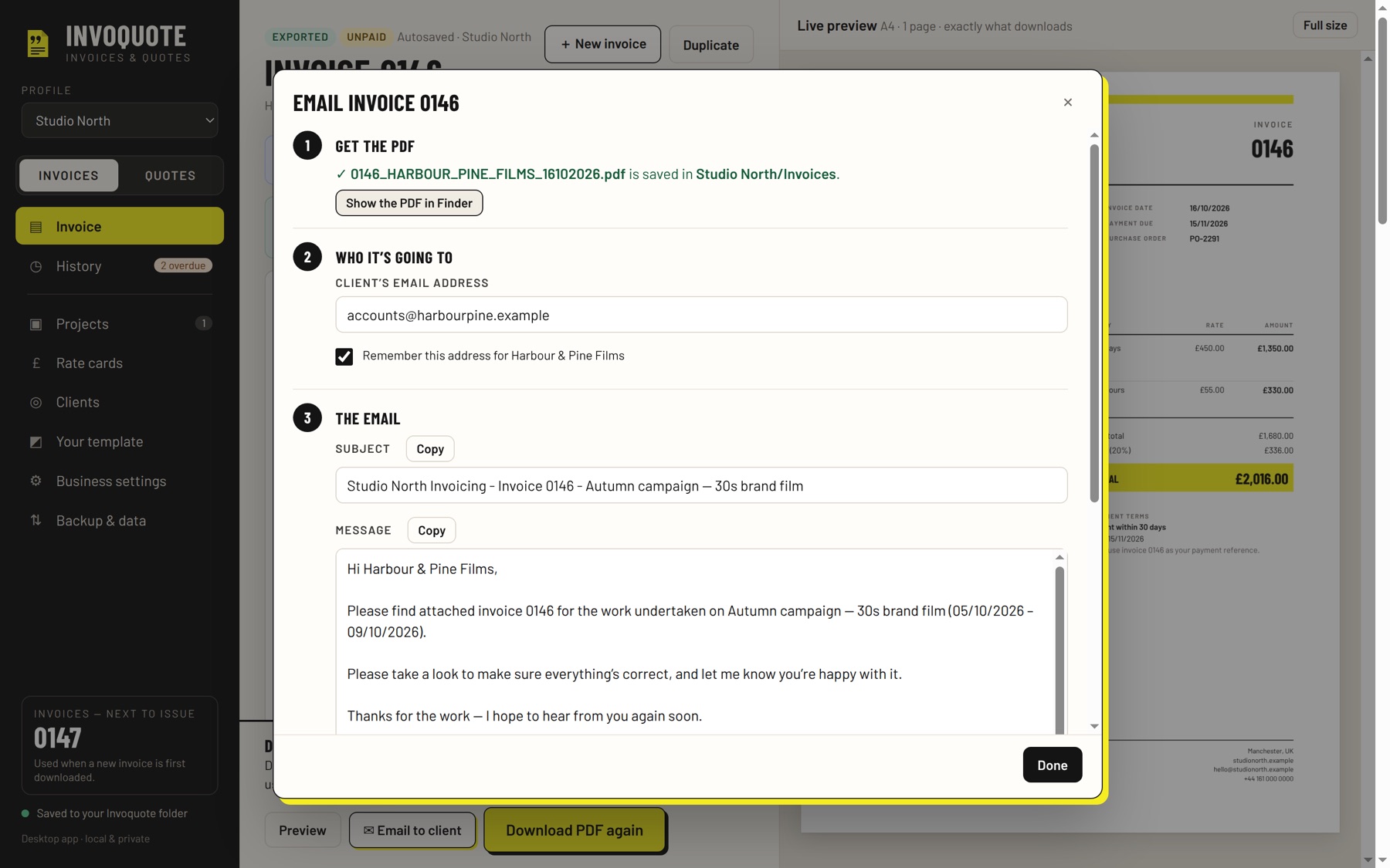 The four-step Email to client window with a drafted message