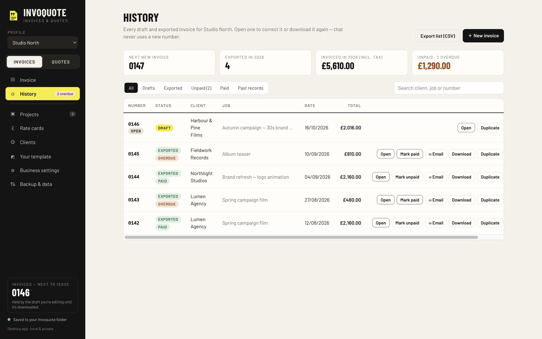 Invoice history with paid, unpaid and overdue invoices and the total still owed