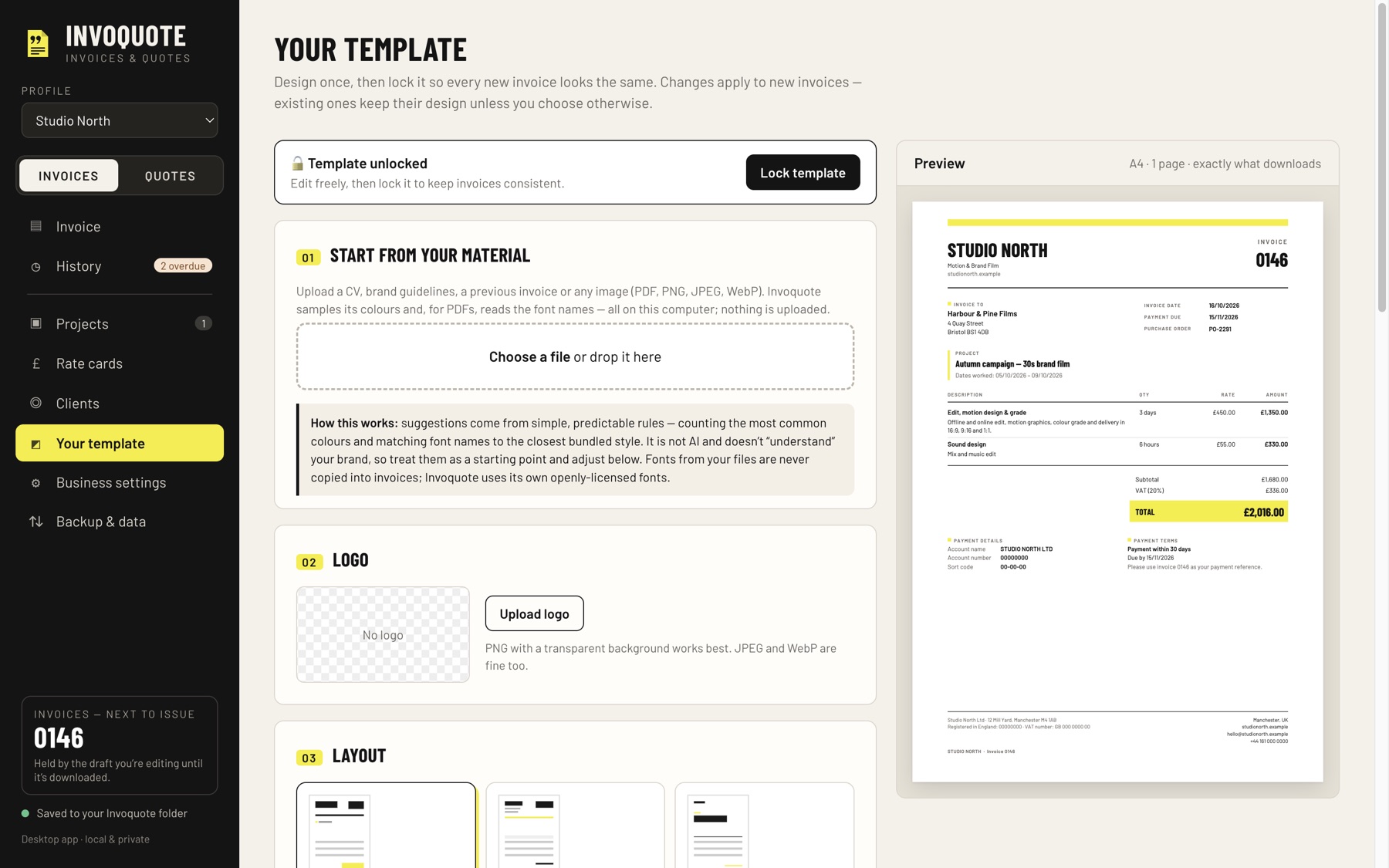 Your template: logo, layout and colours with a live invoice preview