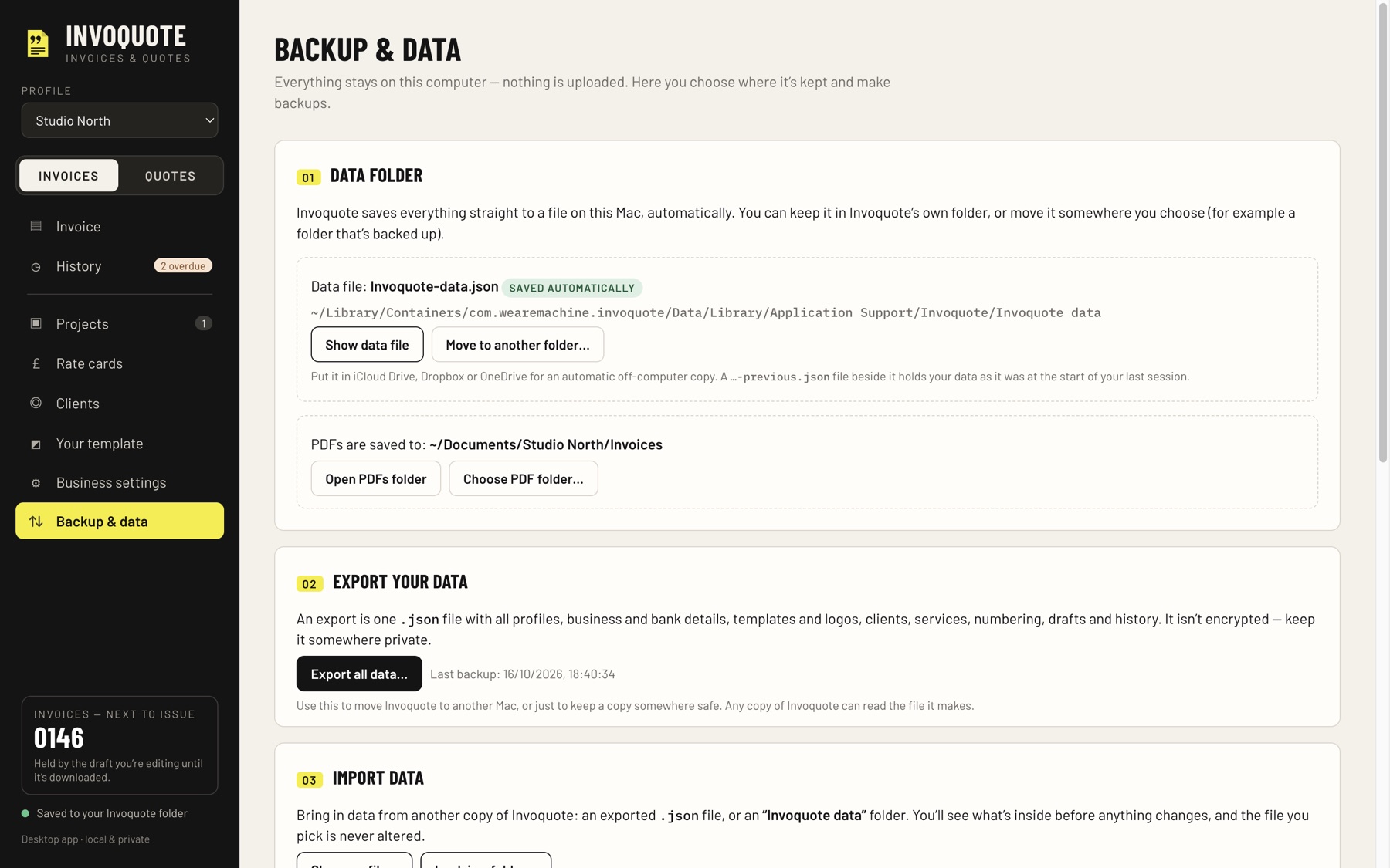 Invoquote Backup and data: the data file on this Mac, the PDFs folder and Export all data
