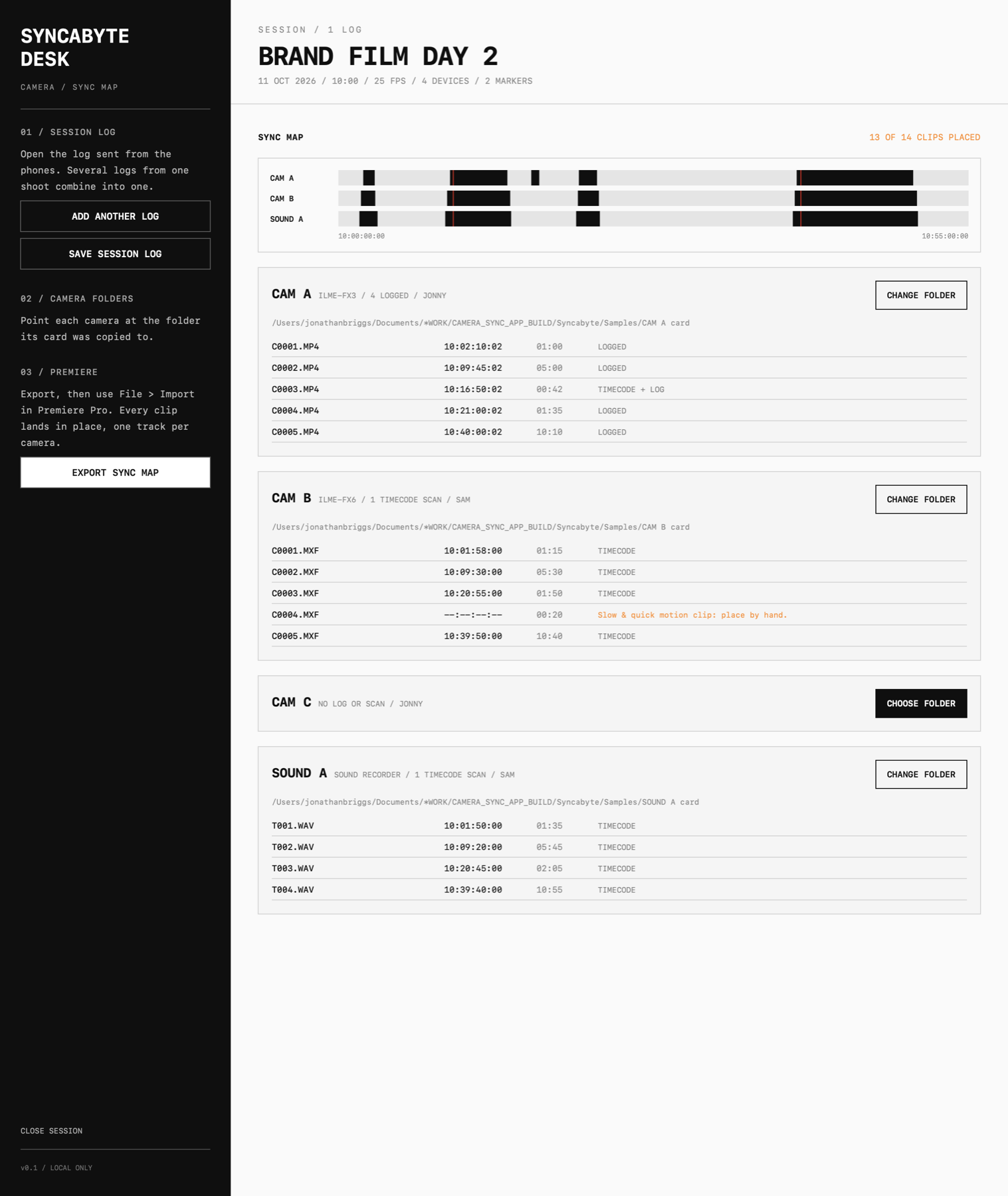 Syncabyte Desk sync map: clips from two cameras and a sound recorder placed on one timeline