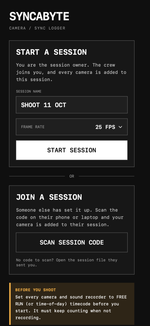 Syncabyte on iPhone: start a session or join one by scanning a code